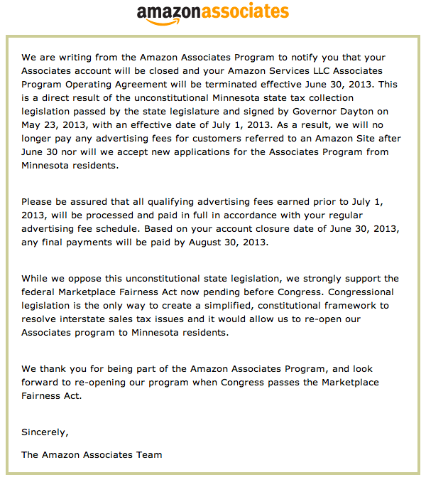 Minnesota Amazon Associates Account Closure Notice