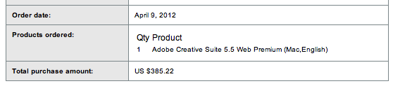 Adobe CS5.5 Web Premium order confirmation