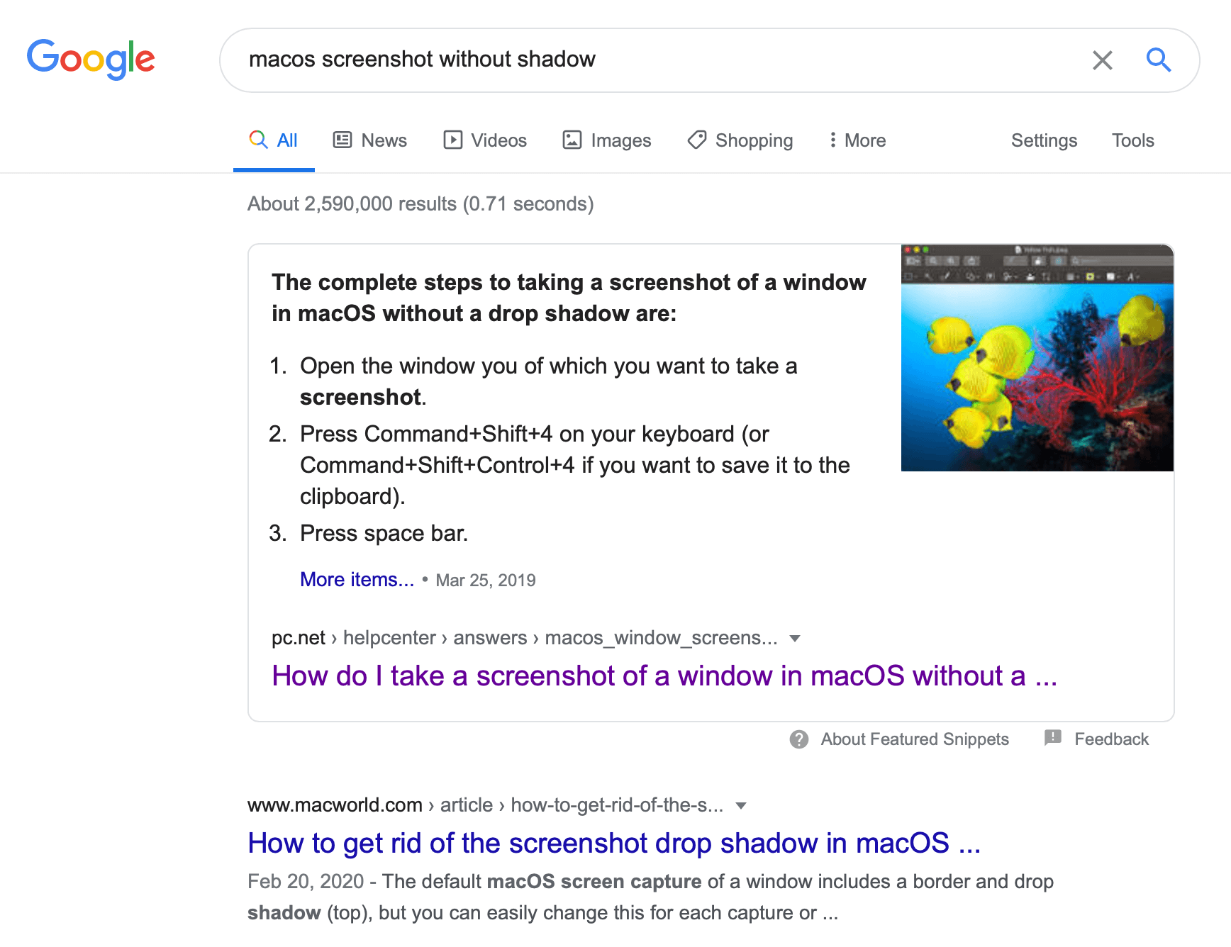 Featured snippet for an macOS screenshot search in Google
