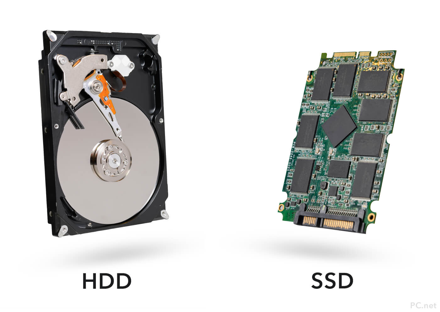 Internal view of an HDD and SSD