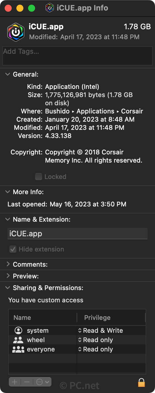 iCue Info Panel in macOS