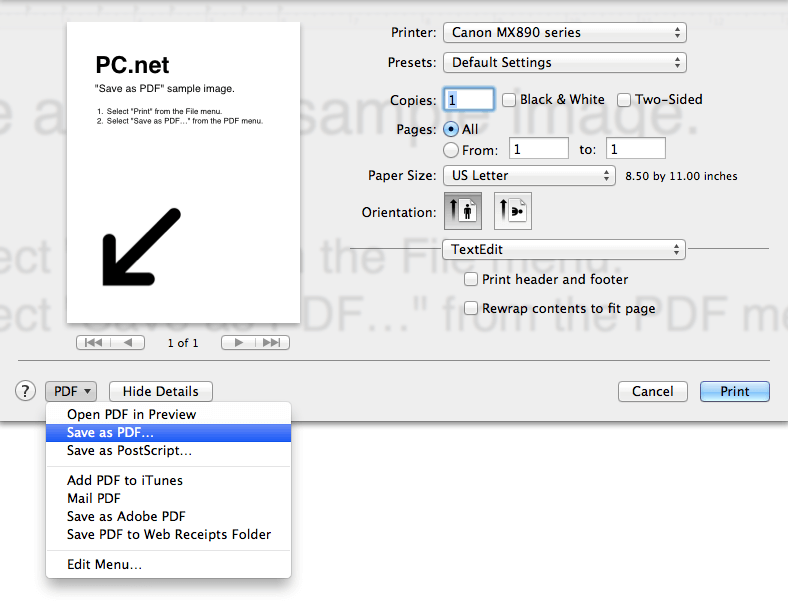 Save as PDF in Mac OS X