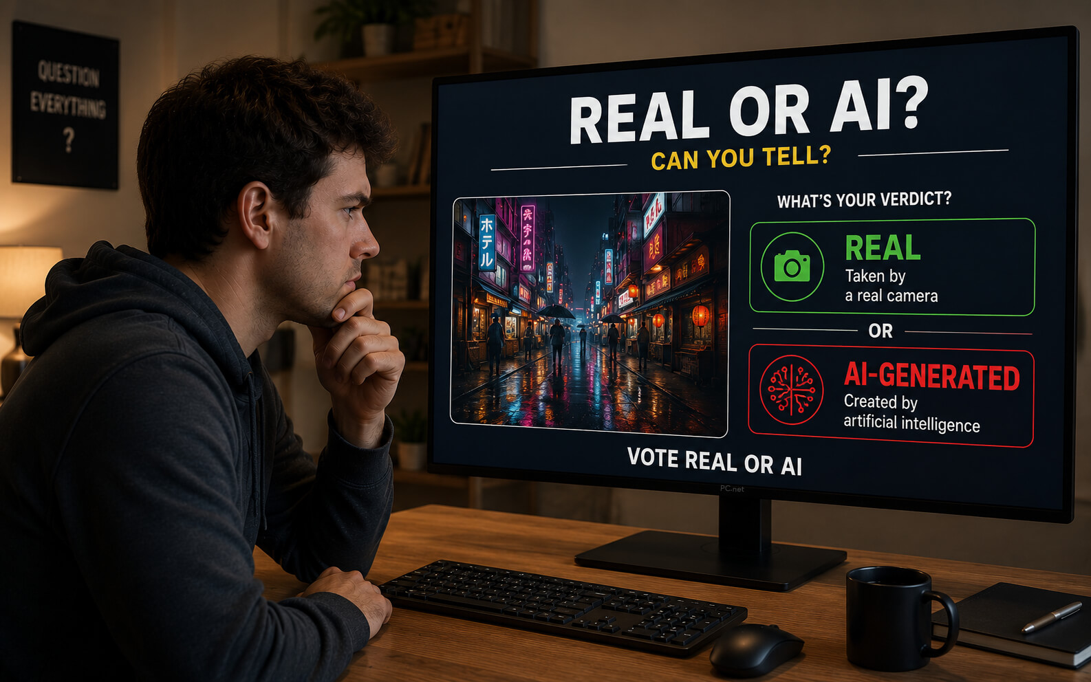 Man trying to distinguish between real and fake ai-generated photos online