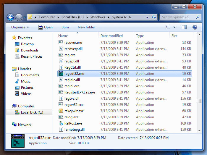 Location of Windows Registry Editor