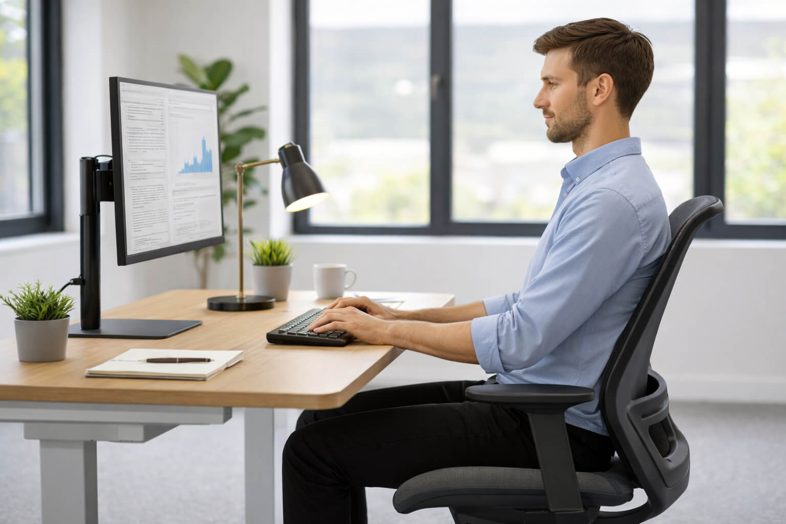 Person typing on a keyboard on an adjustable desk