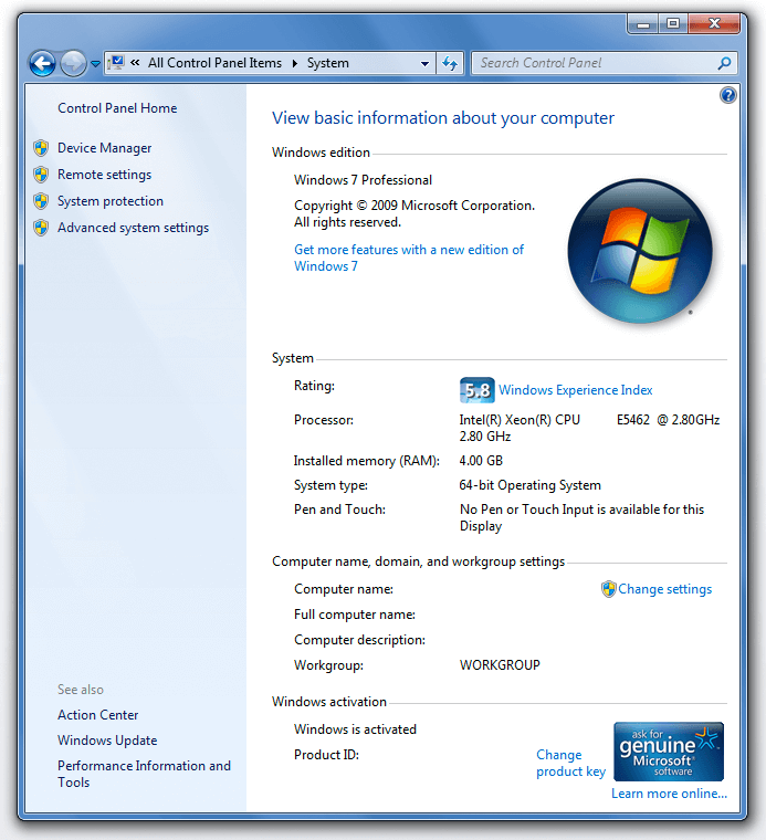 Windows 7 System Control Panel